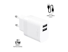 Set FIXED síťové nabíječky s 2xUSB výstupem a USB/USB-C kabelem, 1 metr, 17W Smart Rapid Charge, bílá