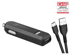 Nabíječka Avacom do auta CarMAX 2x Qualcomm Quick Charge 2.0, černá barva (USB-C kabel)