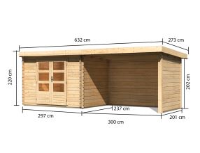 dřevěný domek KARIBU BASTRUP 3 + přístavek 300 cm včetně zadní a boční stěny (91533) natur LG3012 (1)
