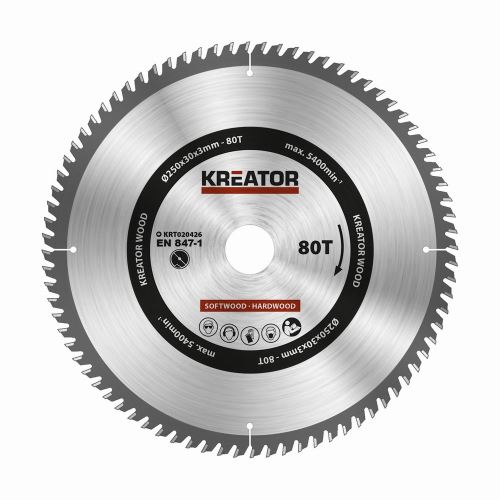 Pilový kotouč KREATOR KRT020426 - Pilový kotouč na dřevo 250mm, 80T