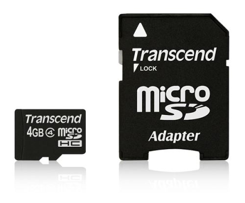 Paměťová karta Micro Secure digital - SD / SDHC TRANSCEND Paměťová karta MicroSDHC 4GB Class4 a adapter