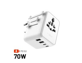 Adaptér FIXED Voyager 70W pro EU, UK a USA/AUS, s 3xUSB-C a 2xUSB výstupem, GaN, PD 70W, cestovní, bílý
