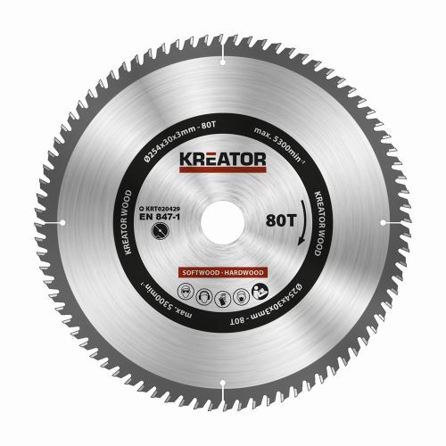 Pilový kotouč KREATOR KRT020429 - Pilový kotouč na dřevo 254mm, 80T