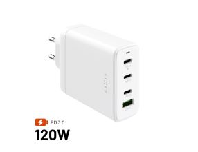 Nabíječka FIXED síťová GaN s 3xUSB-C a USB výstupem, podpora PD 3.0, 120W, bílá