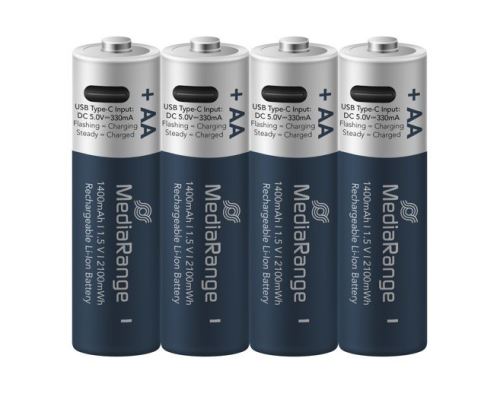 Baterie AA MediaRange nabíjecí USB-C Li-Ion , 1,5V, 1400 mAh, 4ks