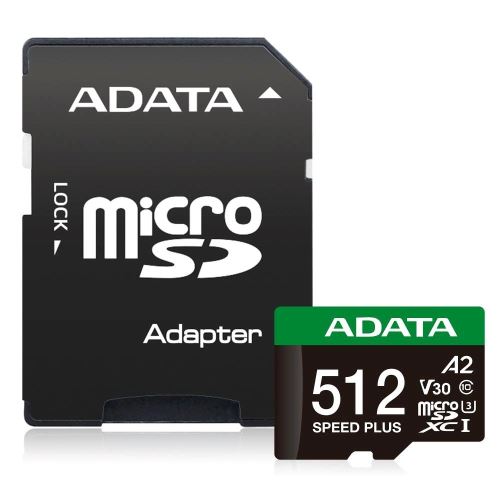 Paměťová karta Adata Speed Plus 512GB 160 MB/s / 140 MB/s, U3, C10, A2, V30, s adaptérem