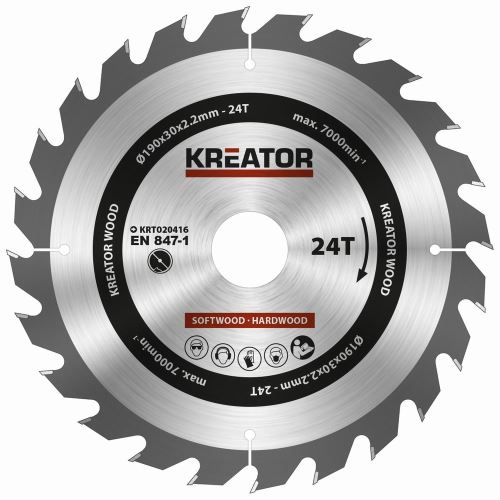 Pilový kotouč KREATOR KRT020416 - Pilový kotouč na dřevo 190mm, 24T