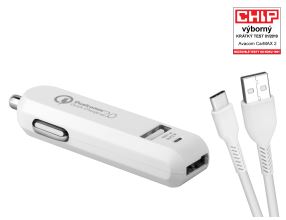Nabíječka Avacom do auta  CarMAX 2x Qualcomm Quick Charge 2.0, bílá barva (USB-C kabel)