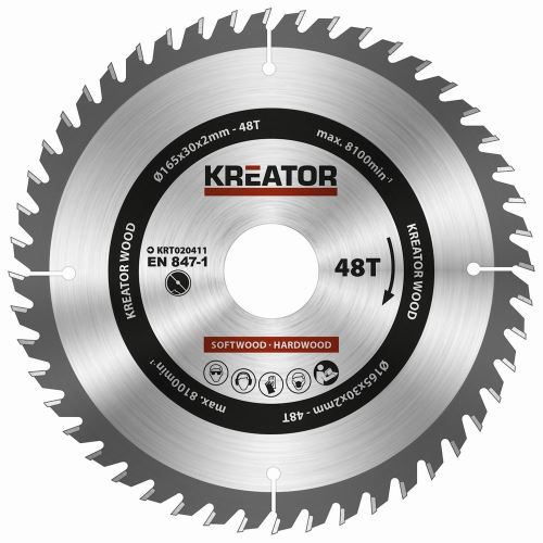 Pilový kotouč KREATOR KRT020411 - Pilový kotouč na dřevo 165mm, 48T