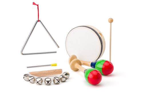 Hračka Woody muzikální set (rolničky, tamburína/bubínek, triangl, 2 maracas)
